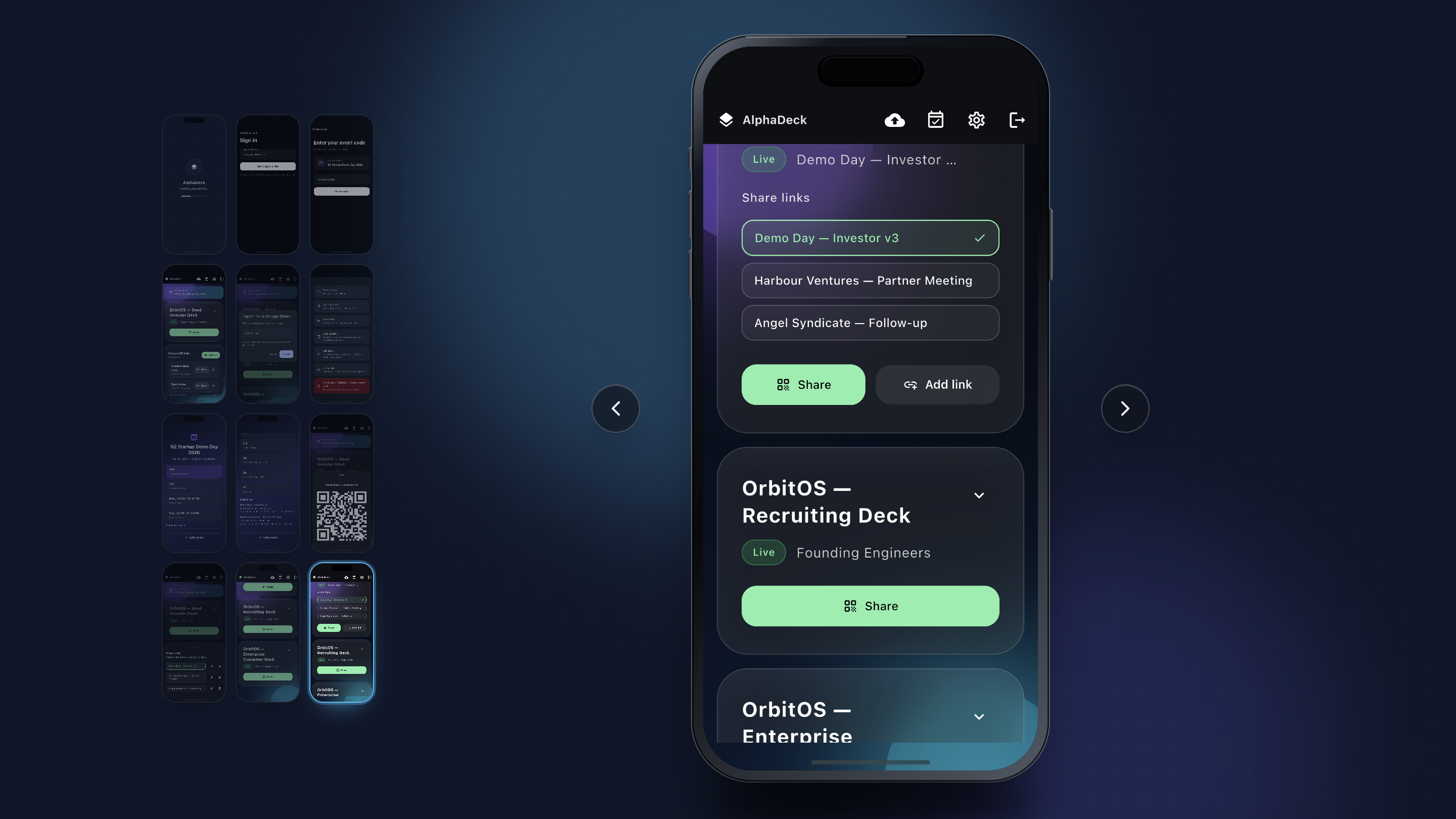 Alpha Deck product gallery showing event-deck interfaces on mobile devices