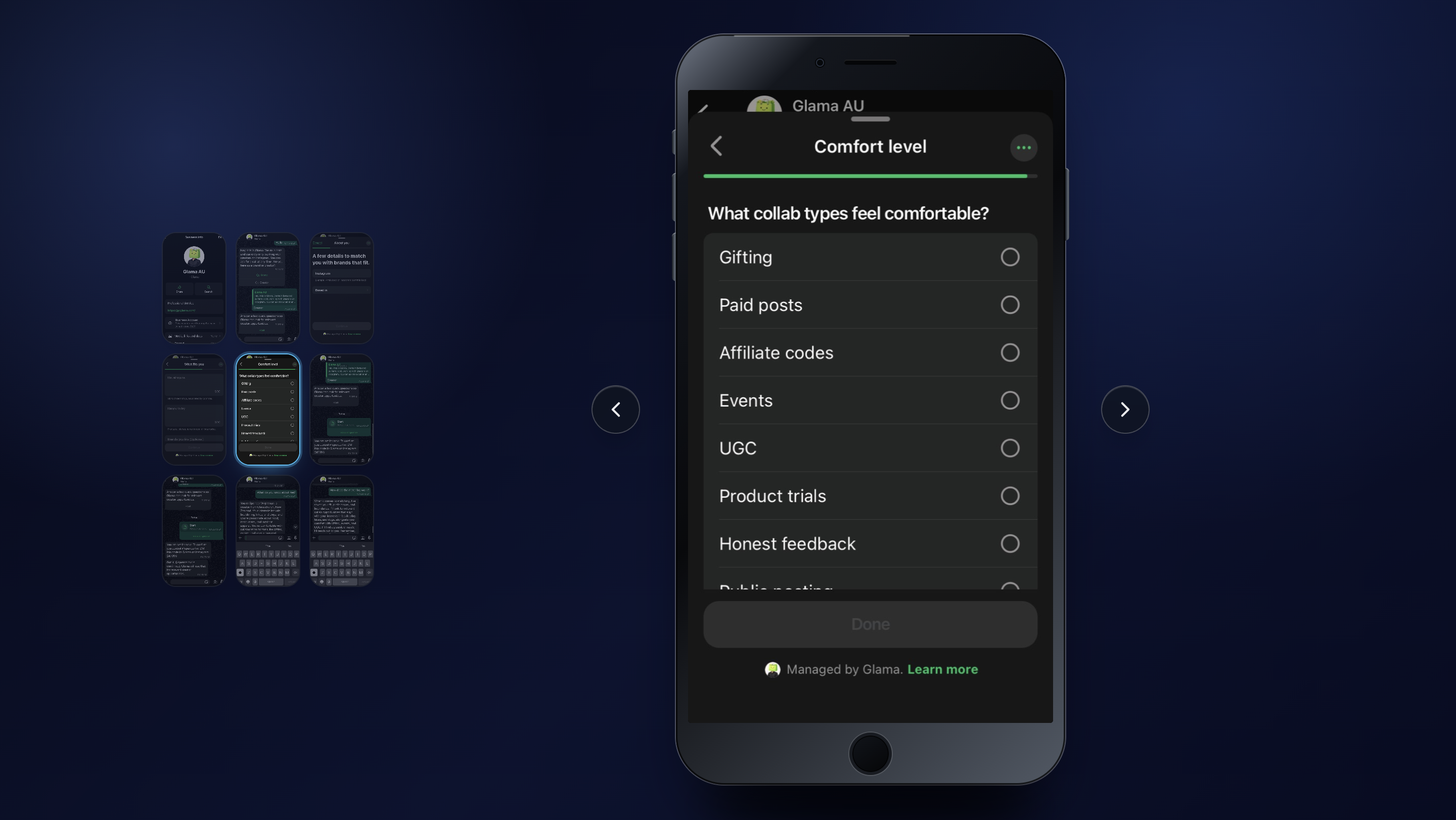 Glama product gallery showing its creator onboarding flow in WhatsApp